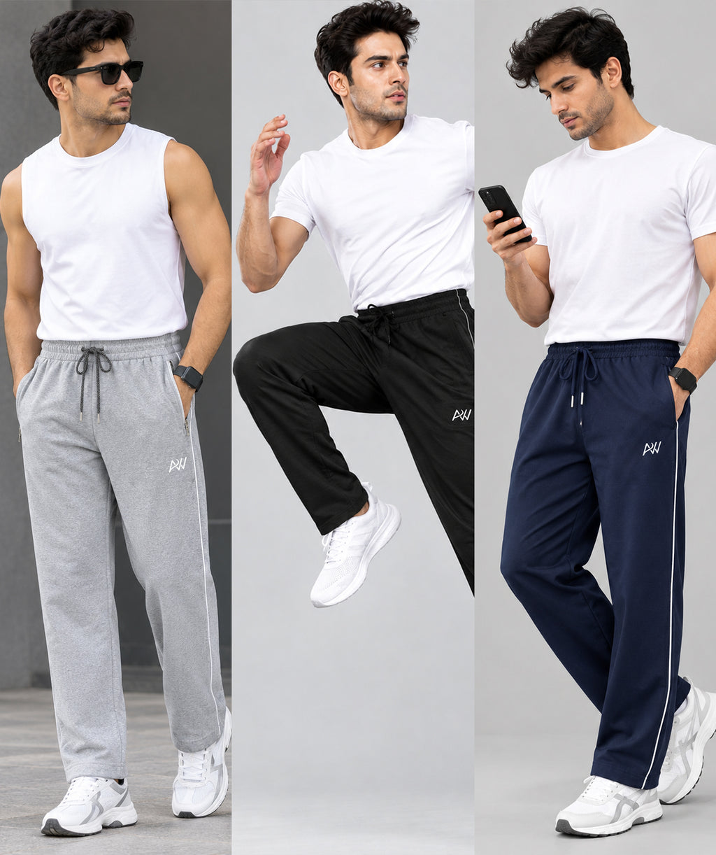 Aristocrat Men Regular Fit Cotton Blend Track Pants Trio Combo (Blue, Black, Grey)