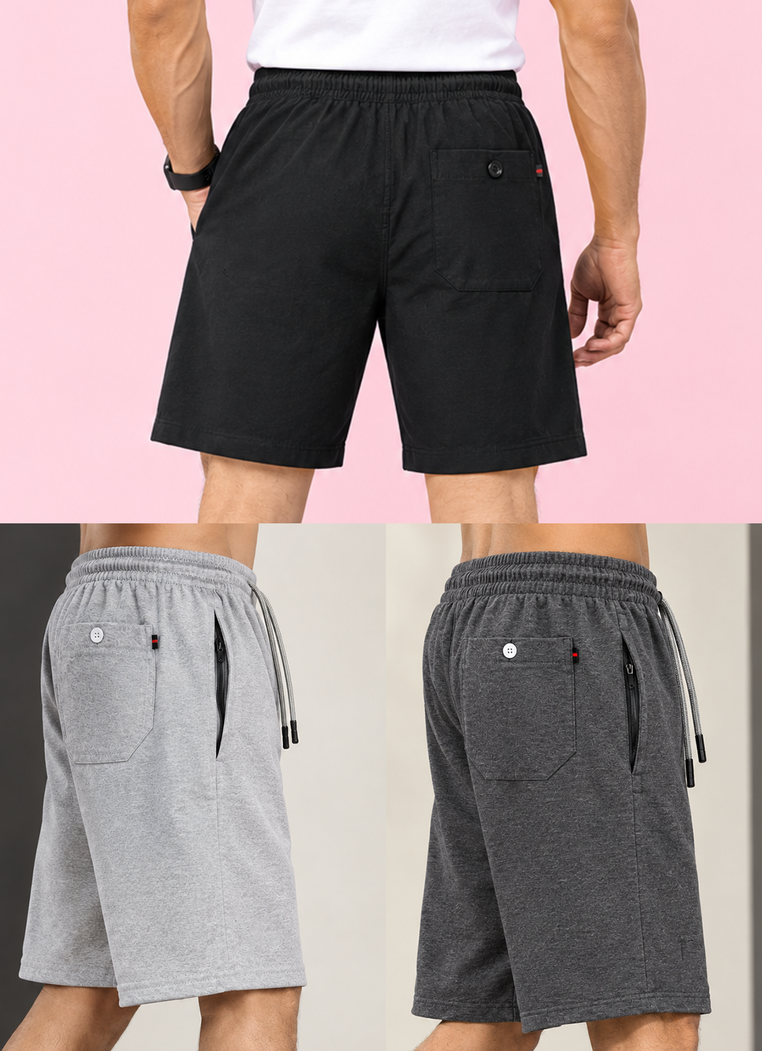 Bindas Men Regular Fit Cotton Blend Shorts Trio Combo (Black, Dark Grey, Light Grey)