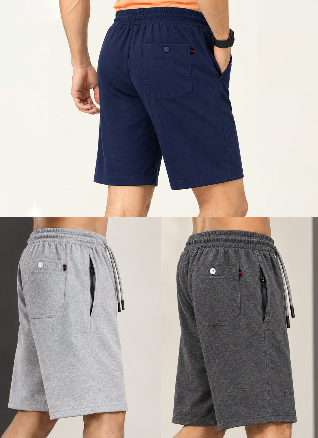 Bindas Men Regular Fit Cotton Blend Shorts Trio Combo (Blue, Dark Grey, Light Grey)