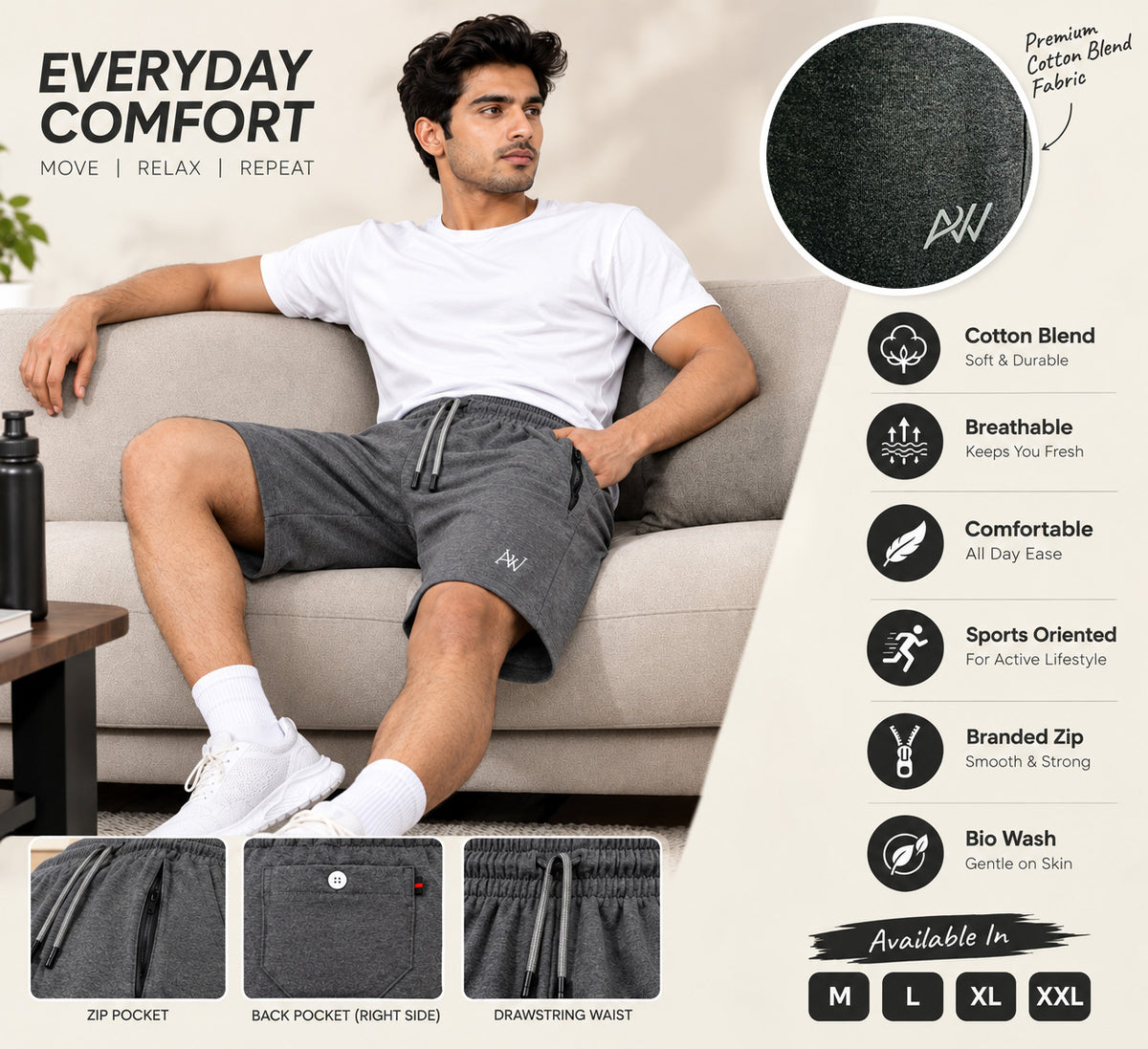 Bindas Men Regular Fit Dark Grey Cotton Blend Short