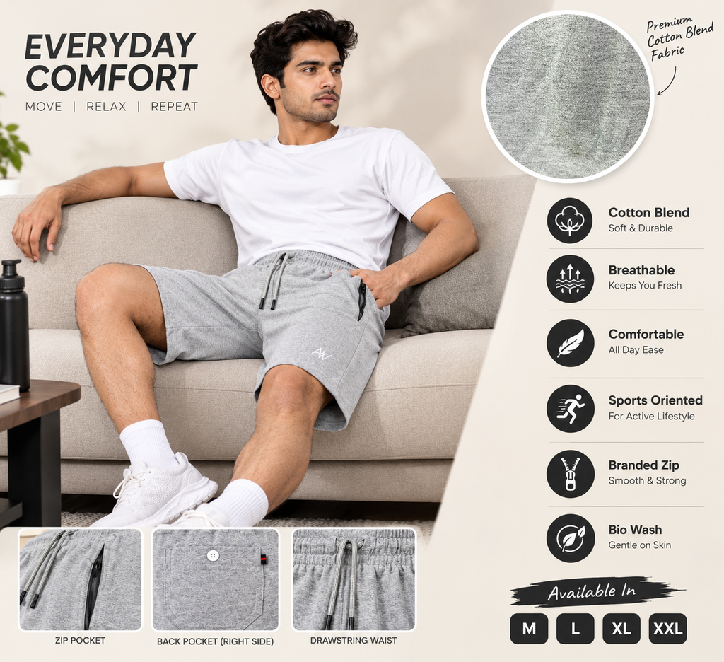 Bindas Men Regular Fit Light Grey Cotton Blend Short