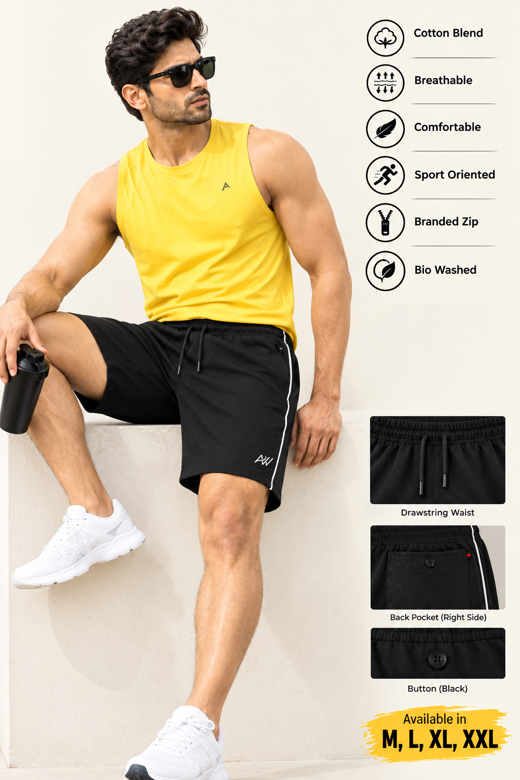 Comfy Men Regular Fit Black Cotton Blend Short With Line