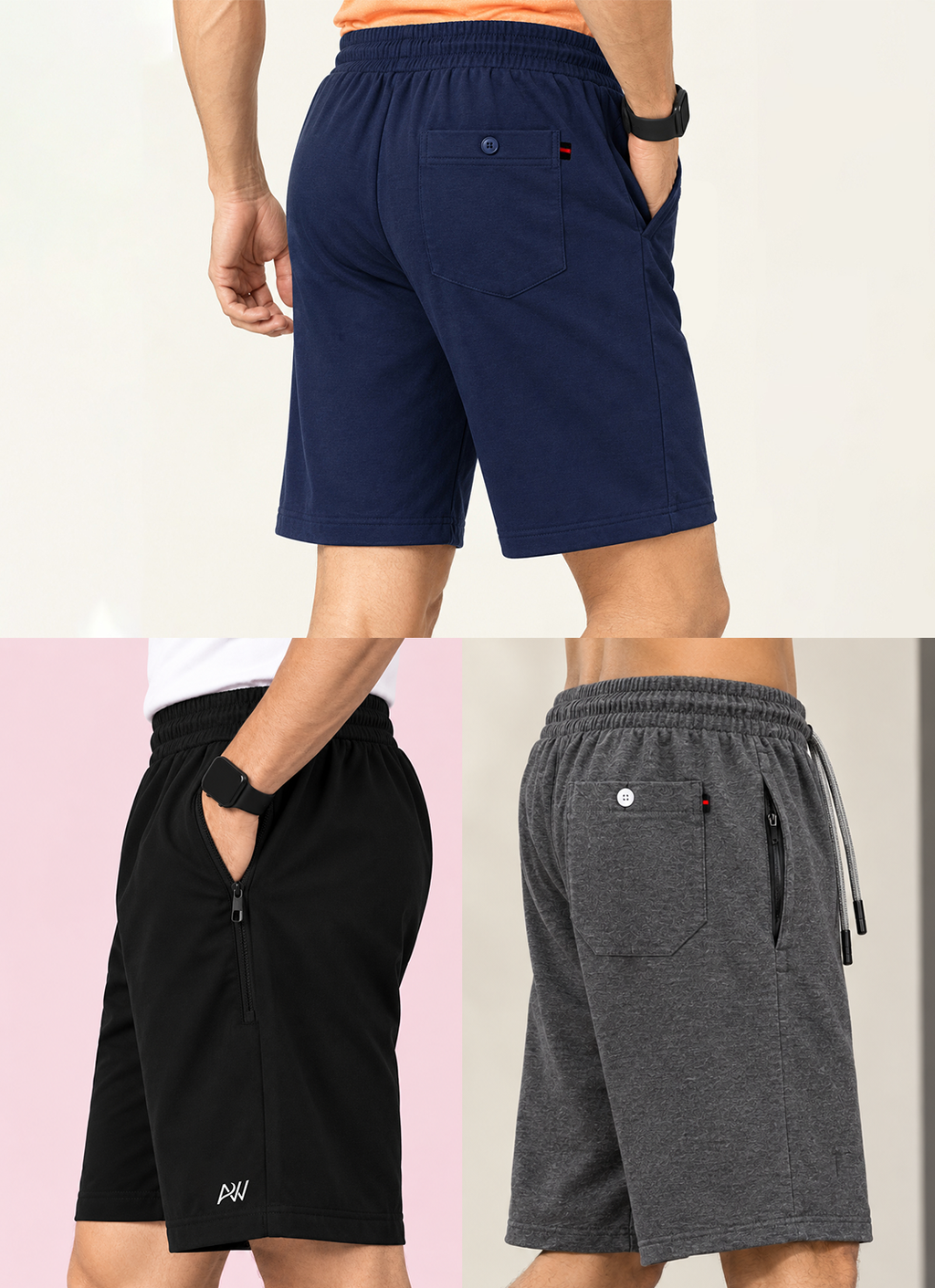 Bindas Men Regular Fit Cotton Blend Shorts Trio Combo (Blue, Black, Dark Grey)