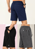 Bindas Men Regular Fit Cotton Blend Shorts Trio Combo (Blue, Black, Dark Grey)