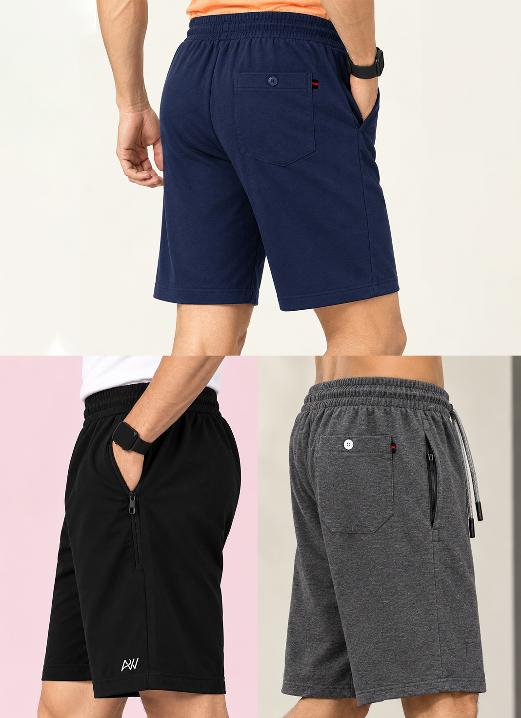 Bindas Men Regular Fit Cotton Blend Shorts Trio Combo (Blue, Black, Dark Grey)