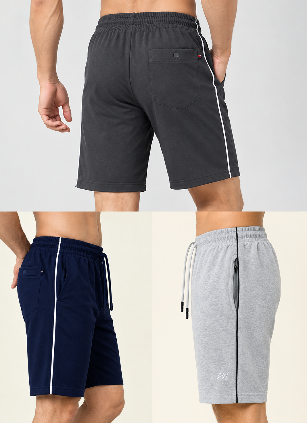 Comfy Men Regular Fit Cotton Blend Shorts Trio Combo (Blue, Dark Grey, Light Grey)