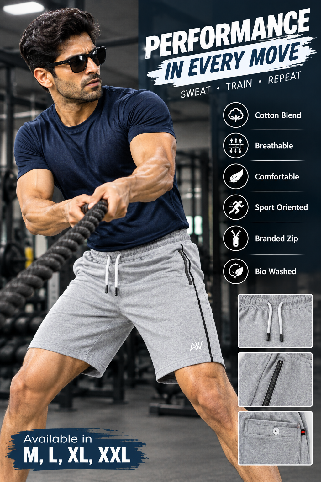 Comfy Men Regular Fit Light Grey Cotton Blend Short With Line